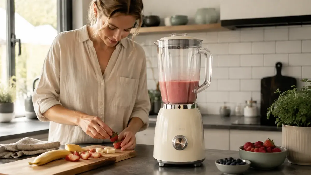 Smeg blender med 50-tallsdesign på en kjøkkenbenk, illustrasjon