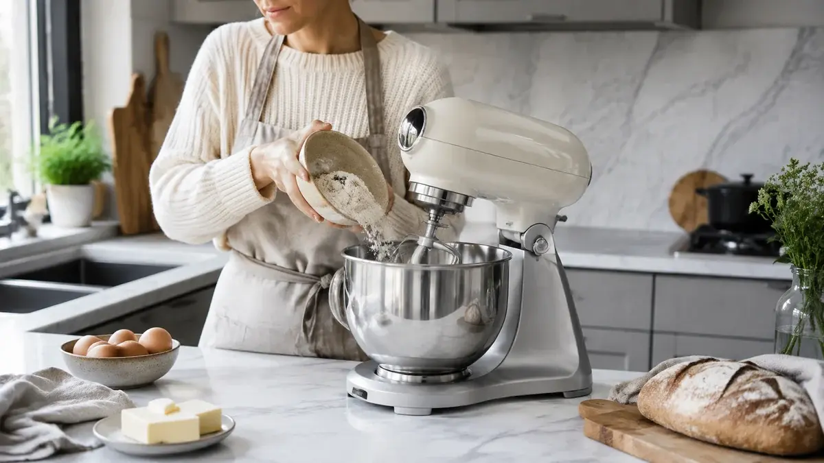 Smeg kjøkkenmaskin i retrodesign på en kjøkkenbenk, illustrasjon